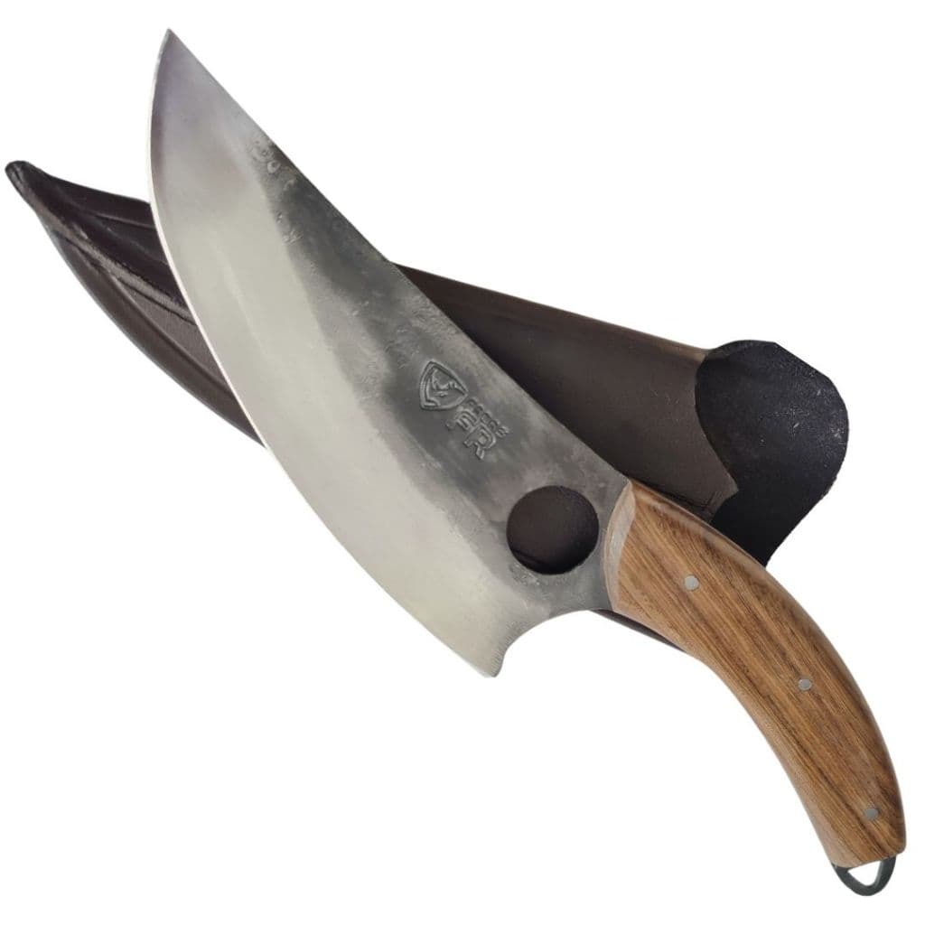 Faca Churrasco Artesanal Rústica Curva Cutelo Aço Carbono Bainha em Couro