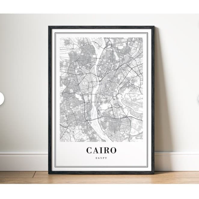 Quadro decorativo mapa da cidade de Cairo, Egito, estilo preto e branco, moldura preta
