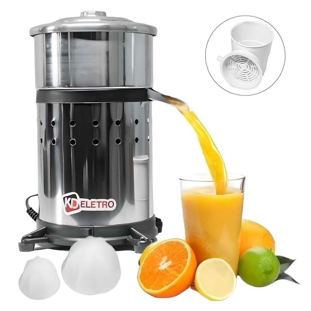Espremedor Industrial Extrator de Suco de Laranja Inox 500W com Suco de Laranja em Copo
