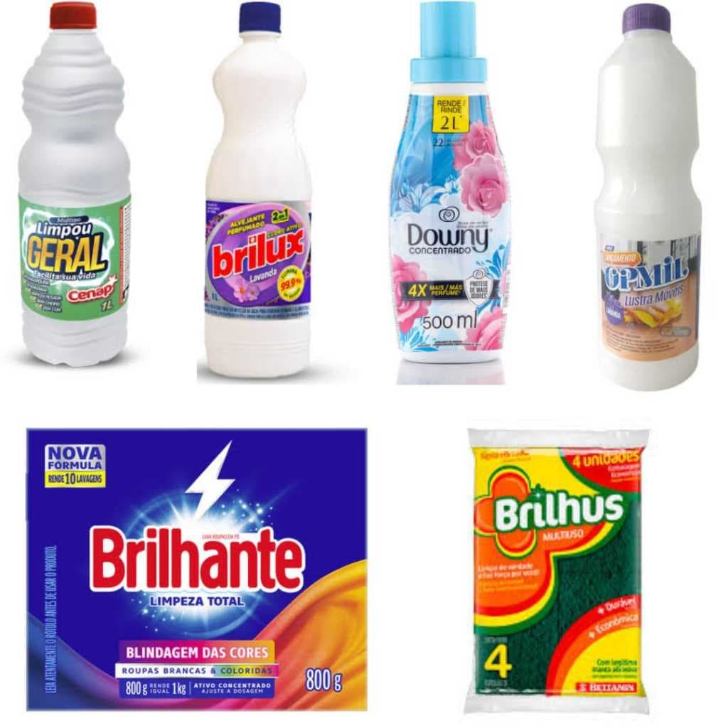 Kit limpeza com amaciante Downy, limpador multiuso, alvejante sem cloro e esponjas