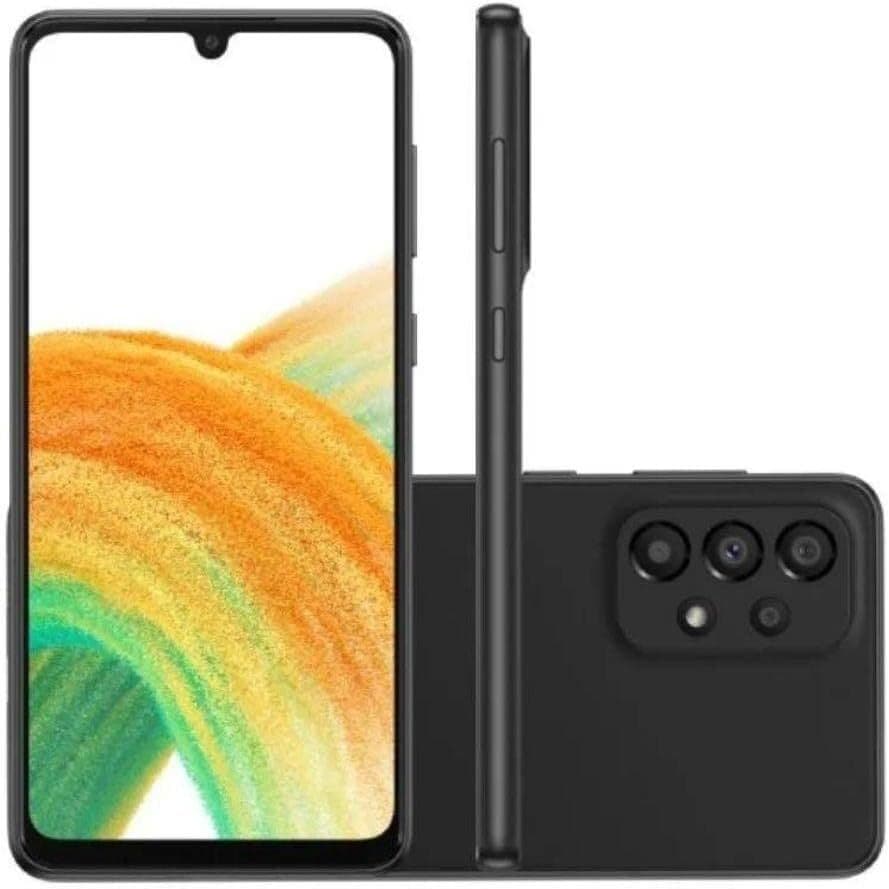 Smartphone Samsung Galaxy A33 128GB 5G com tela de 6.4 polegadas e câmera quádrupla na parte traseira.