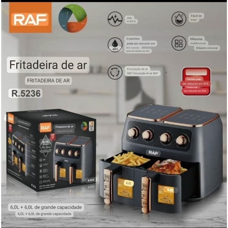 Fritadeira elétrica RAF 12 Litros Air Fryer 2 Bandejas, preta e dourada, com display digital e controles, caixa à esquerda.