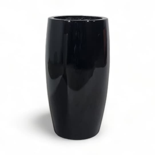 Vaso em fibra de vidro preto estilo vietnamita, 60cm, em fundo branco, mostrando detalhes de superfície brilhante.
