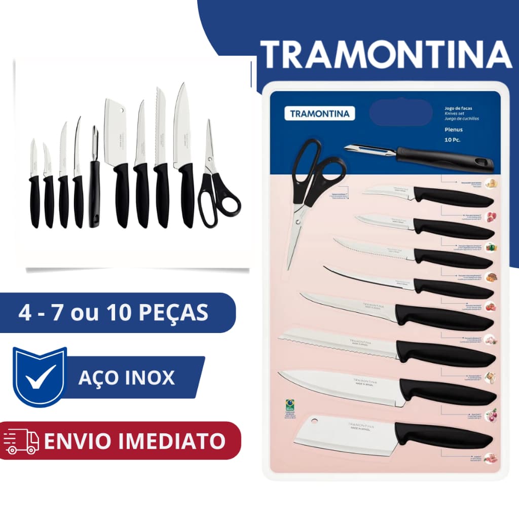 Kit de Facas Tramontina com 4, 7 ou 10 Peças, Aço Inox, Envio Imediato