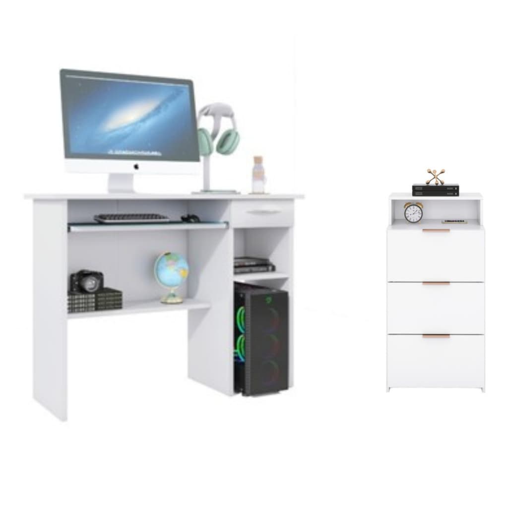 Kit Mesa Escrivaninha Para Home Office Pc Espaço Para Teclado Com Gaveta + Gaveteiro Compacto 3 Gavetas