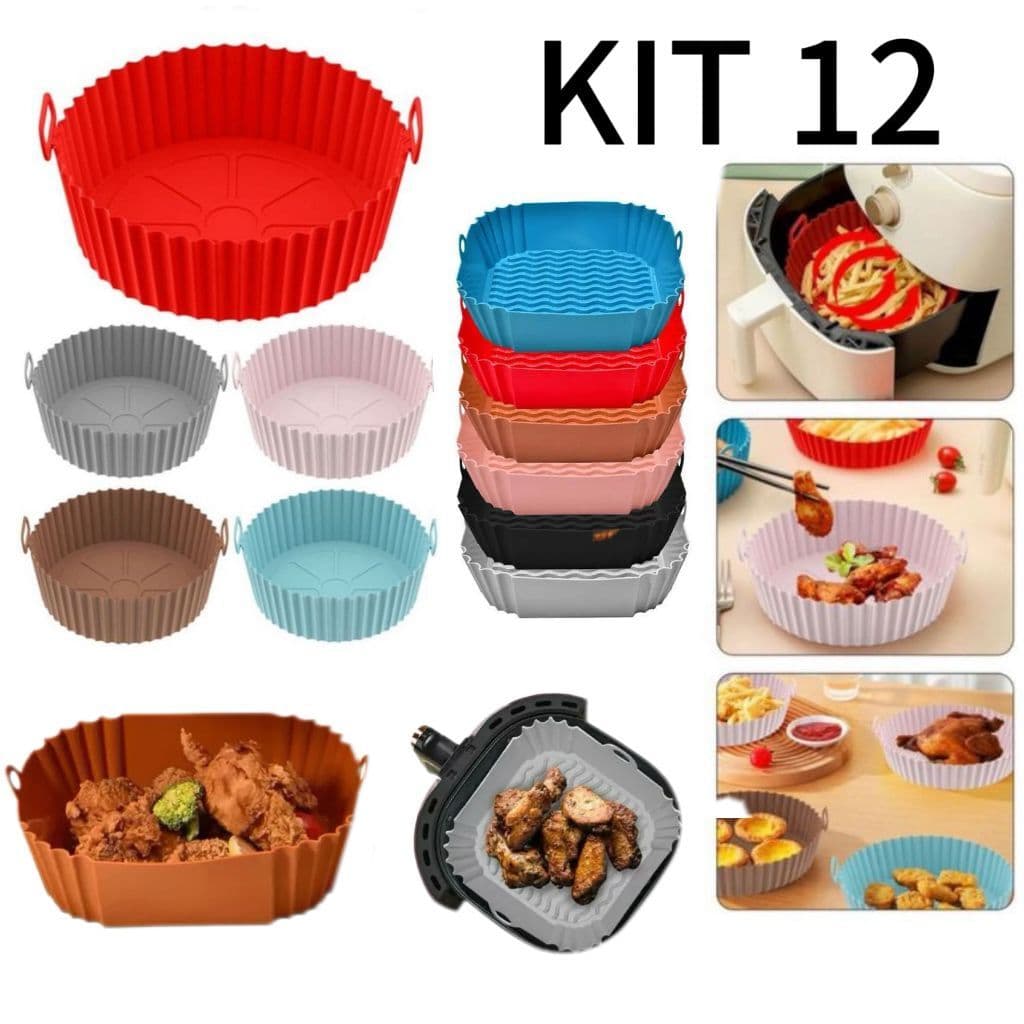 KIT 12 Panela Forma Bandeja Cesta De Silicone P/ Airfryer  Redonda/Quadrada