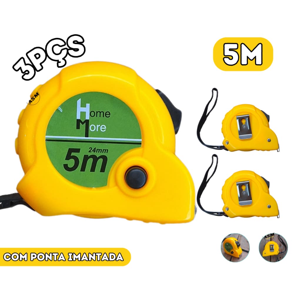 Kit com 3 Trenas Metrica 5Metros com ponta Imantada Trena Metrica com alça e trava Resistente