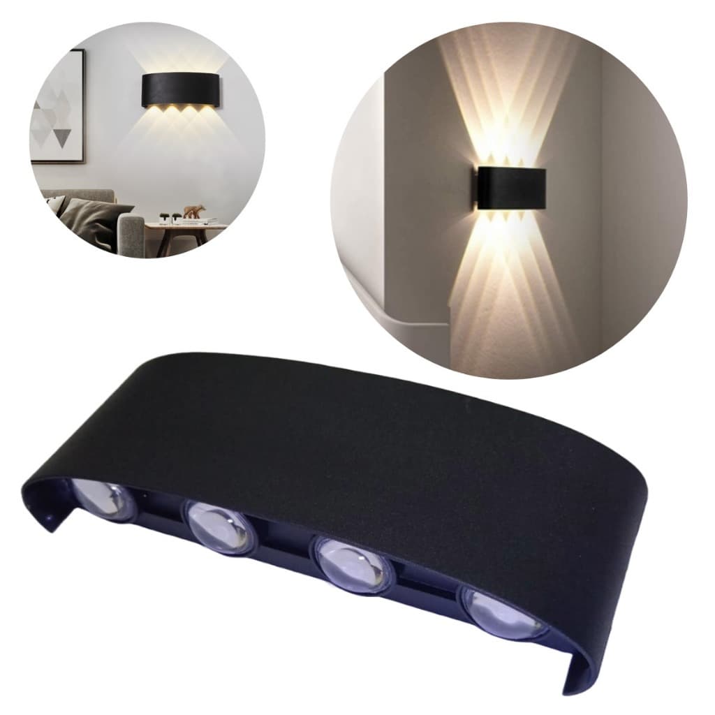 Arandela LED meia lua preta 8W 8 facho luz quente sobrepor parede