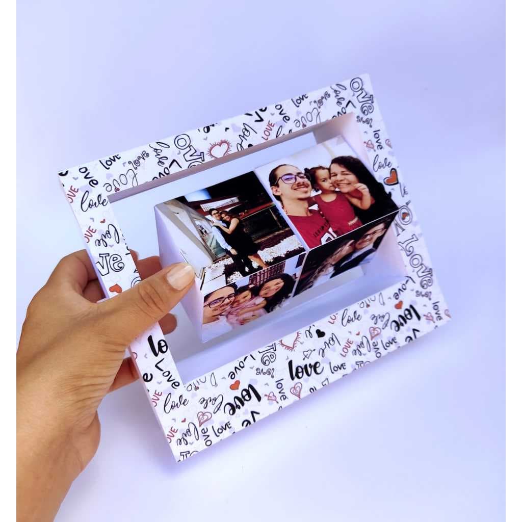 Porta retrato dia dos namorados com 2 cubos giratórios, capacidade para 8 fotos, exibindo fotos de família