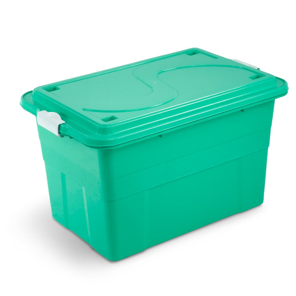 Caixa organizadora verde 70 litros Agraplast, vista frontal contra fundo branco