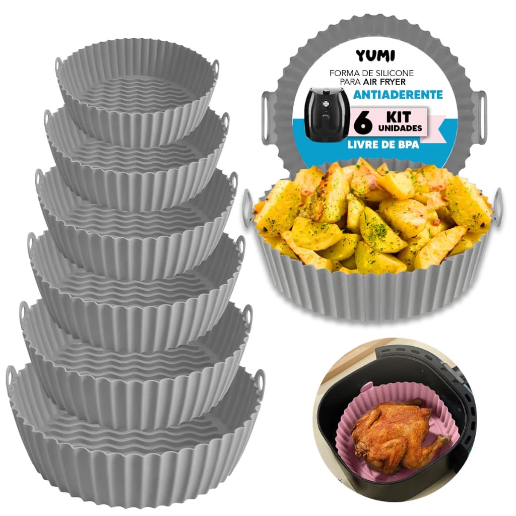 6 Peças/Conjunto Cesto de Silicone Forma Redonda Air Fryer e Forno Fritadeira Elétrica com Alça  + Garantia 1 ANO