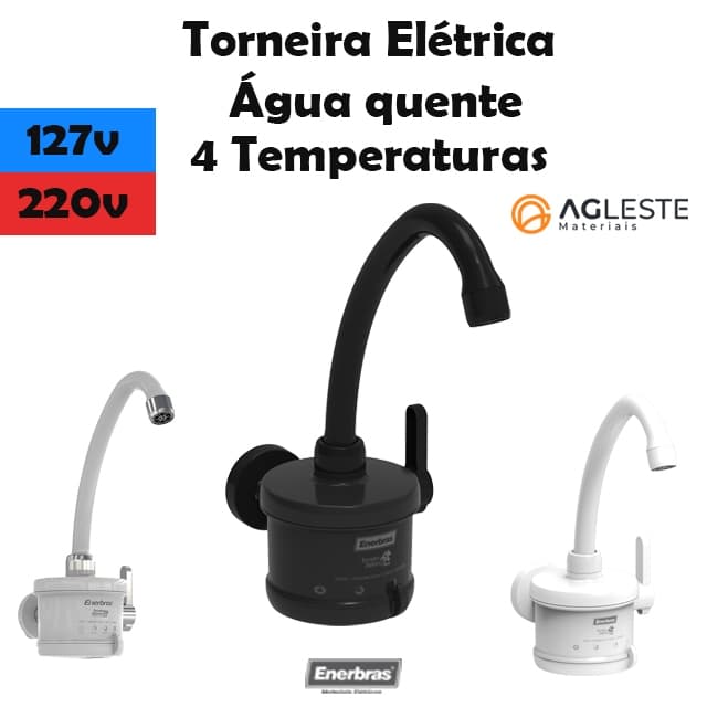 Torneira Elétrica De Parede 4T Plus 4800W - 127V / 220V - 5500W Bica Água Quente Branca Preta Com cromado 4 Temperaturas Cozinha Enerbras