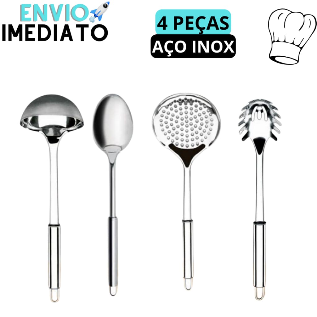 Kit 4 Utensílios de Cozinha Inox: Escumadeira, Concha de Feijão, Colher de Arroz e Concha de Massas