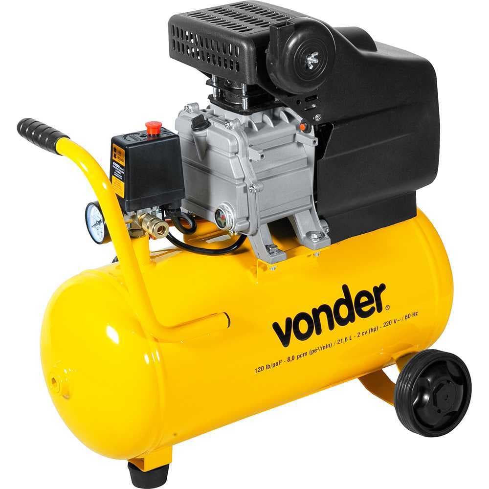 Compressor de ar Vonder 21,6 litros, amarelo e preto, com motor e manômetro visíveis