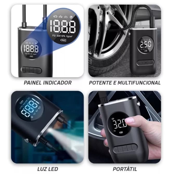 Mini compressor de ar digital portátil com display, conectado a pneu, luz LED e portável