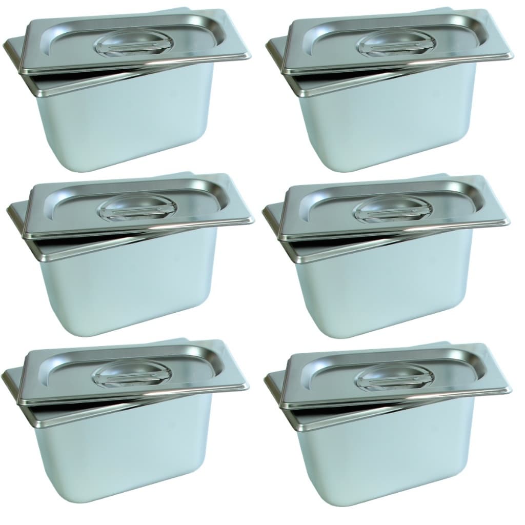 Seis cubas gastronômicas inox com tampas 1/9x100 Gn Buffet Cozinha