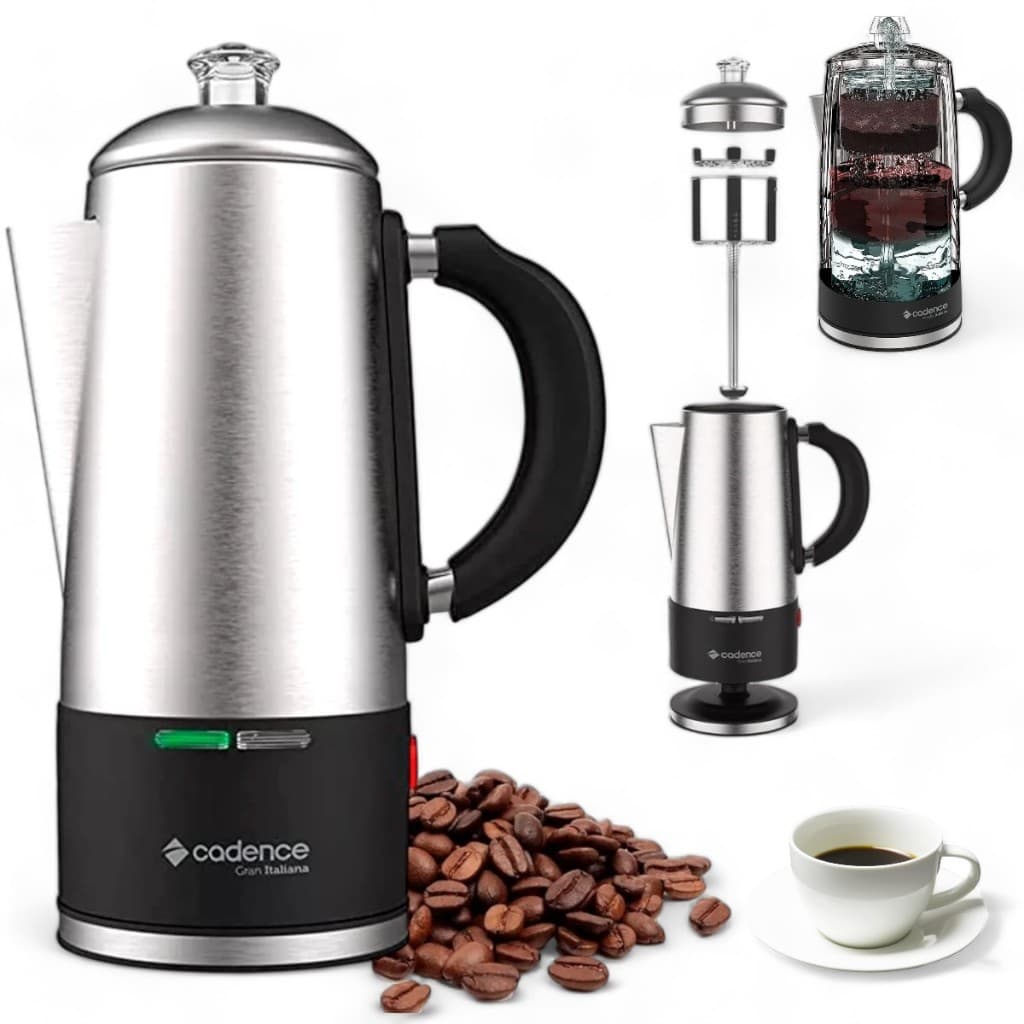 Cafeteira Italiana Elétrica Caf120 Cadence Inox 1,5L com grãos de café e xícara