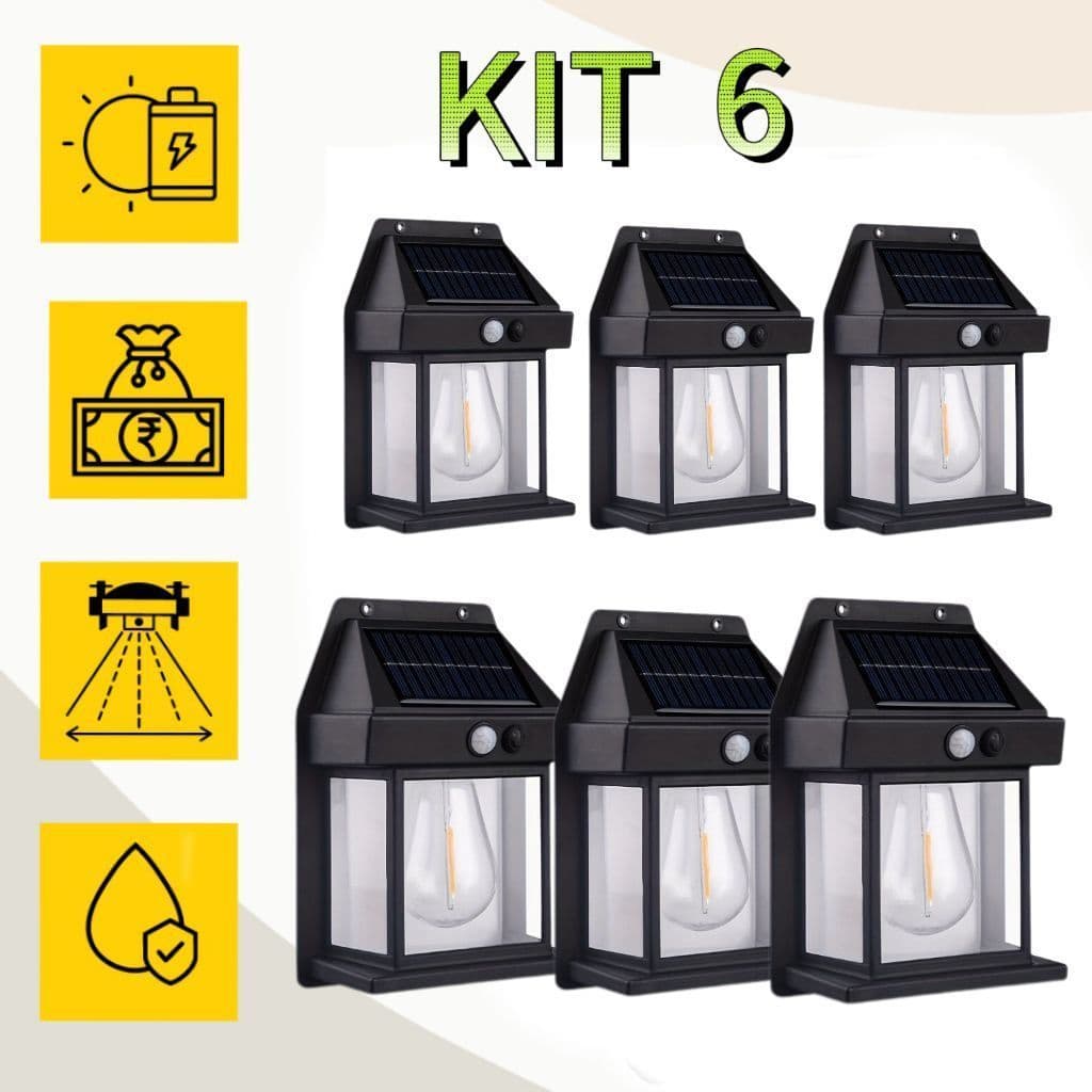 Kit 6 Luminárias Arandela Vintage com Placa Solar, Sensor de Movimento, à Prova D'água