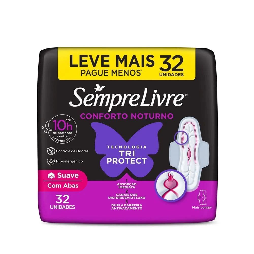 Absorvente Sempre Livre Conforto Noturno Cobertura Suave C/Abas - 32 Unidades
