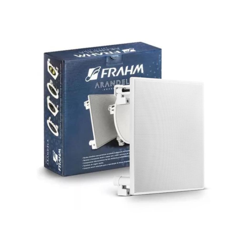 Caixa de som arandela de embutir Frahm branca aberta com embalagem azul ao fundo