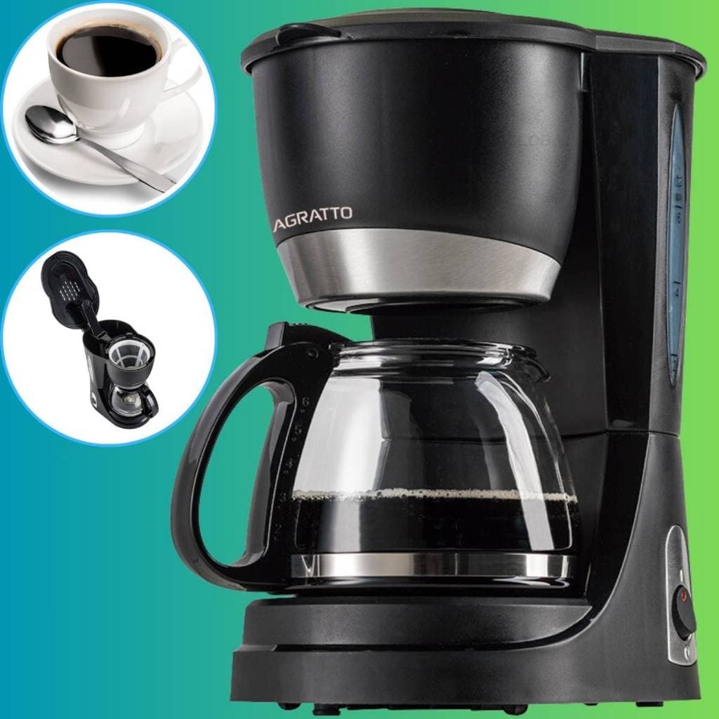Cafeteira elétrica preta com jarra de vidro transparente, marca Agratto, 15 xícaras, semi-automática.