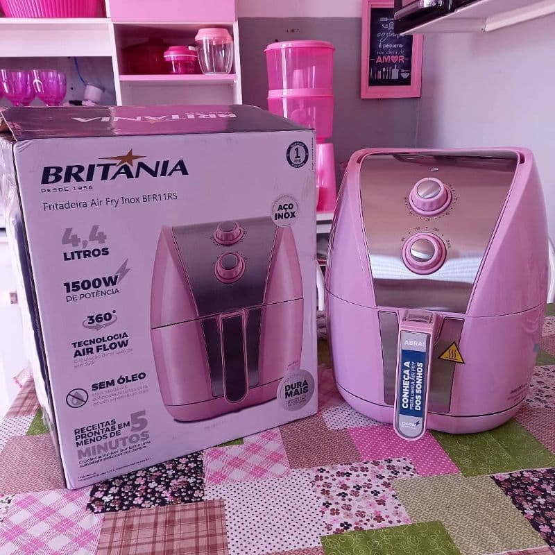 Fritadeira de Ar Rosa Britânia 5L 1500W Antiaderente Air Flow Sem Óleo