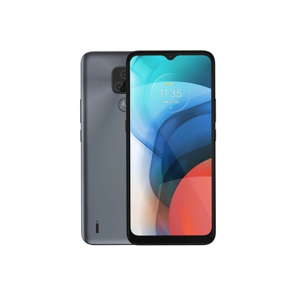 Motorola Moto E7 64GB, smartphone cinza metálico com tela frontal mostrando tempo e data