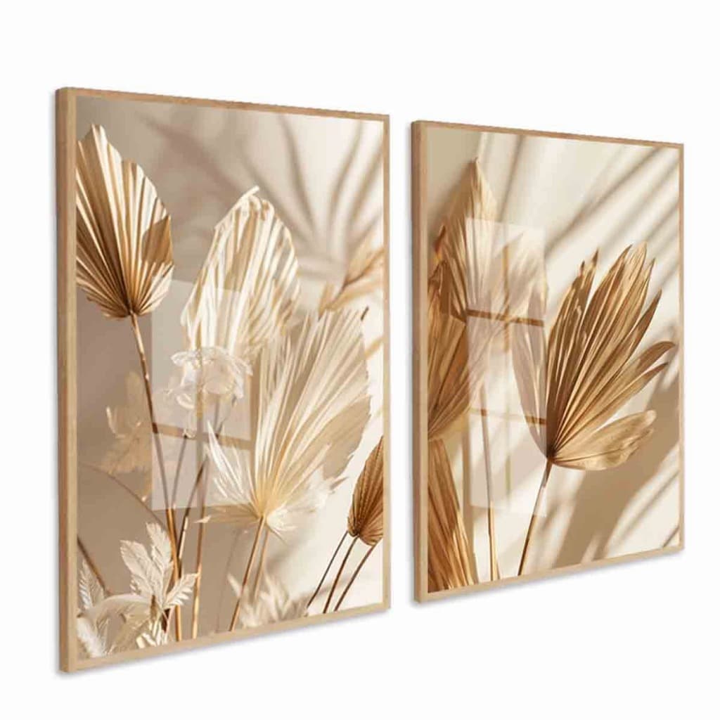 Quadro decorativo folhagens boho com moldura e vidro, estilo boêmio, para sala e quarto.
