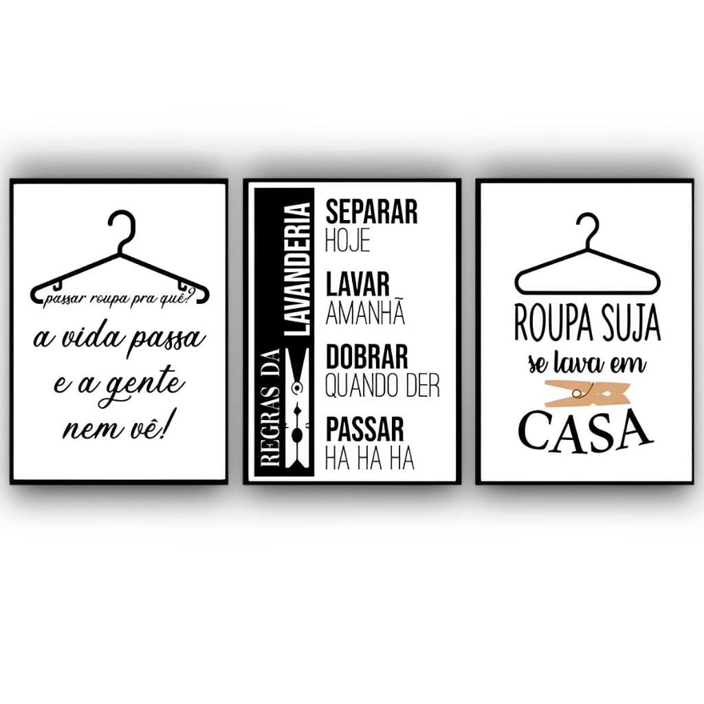 Kit 3 Quadros Lavanderia Roupas  Regra da Lavanderia Área Serviço 20x30