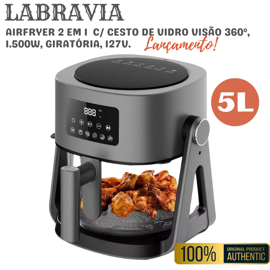 FRITADEIRA 2 EM 1 AIRFRYER DIG GRILL 5 LITROS C/ CESTO DE VIDRO VISÃO 360º,1.500W, GIRATÓRIA, 127V.