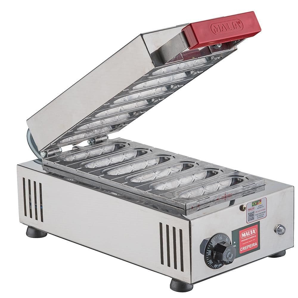 Máquina de crepe elétrica industrial 6 cavidades Malta, aço inoxidável, tampa vermelha