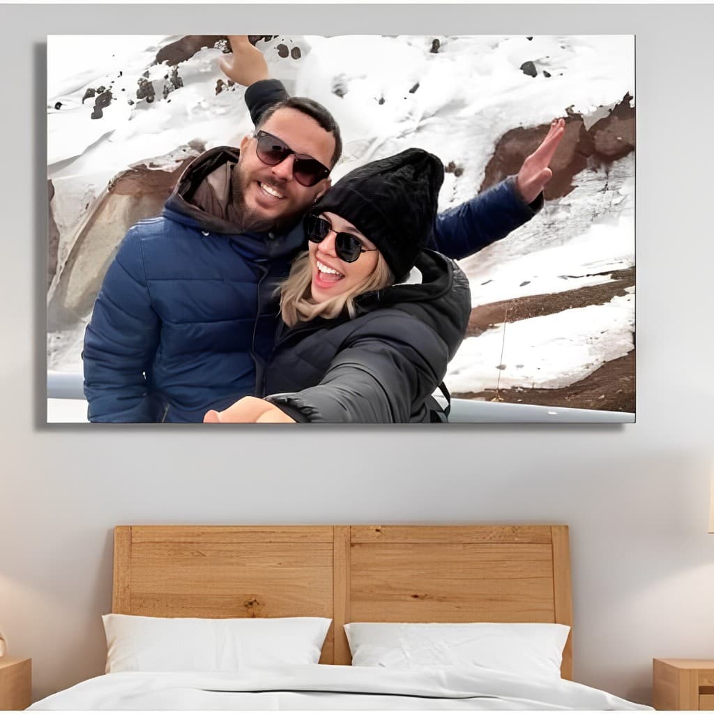 Quadro decorativo personalizado gigante 90x70 cm com foto de casal sorrindo na neve