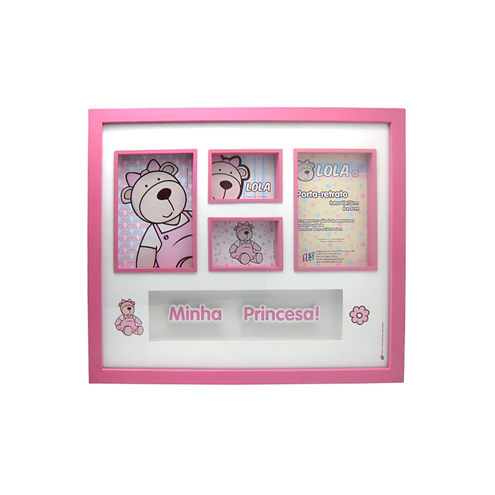 Porta-retrato infantil com moldura rosa para quarto de menina, com compartimentos para fotos e texto 'Minha Princesa!'