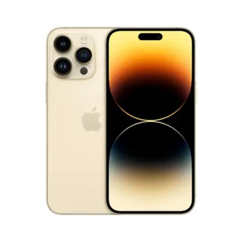 iPhone 14 Pro Max dourado com tela ligada e módulo de câmera tripla, imagem frontal e traseira.