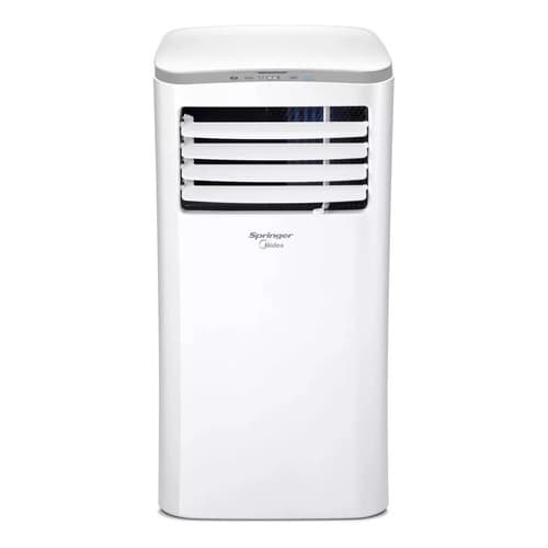 Ar condicionado portátil branco Springer, grelhas pretas, controles superiores, fundo branco.