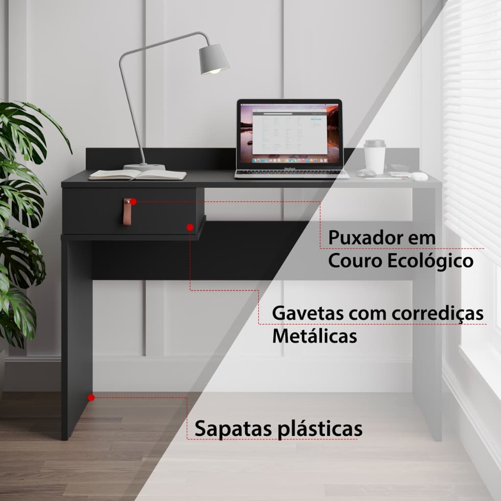 mesa para computador estudo escrivaninha 1 gaveta preta com puxador de couro preta/preta