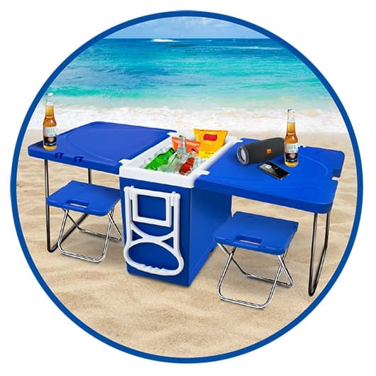 Caixa Térmica 32L Multifuncional Azul com Rodinhas e Alças de Transporte na Praia