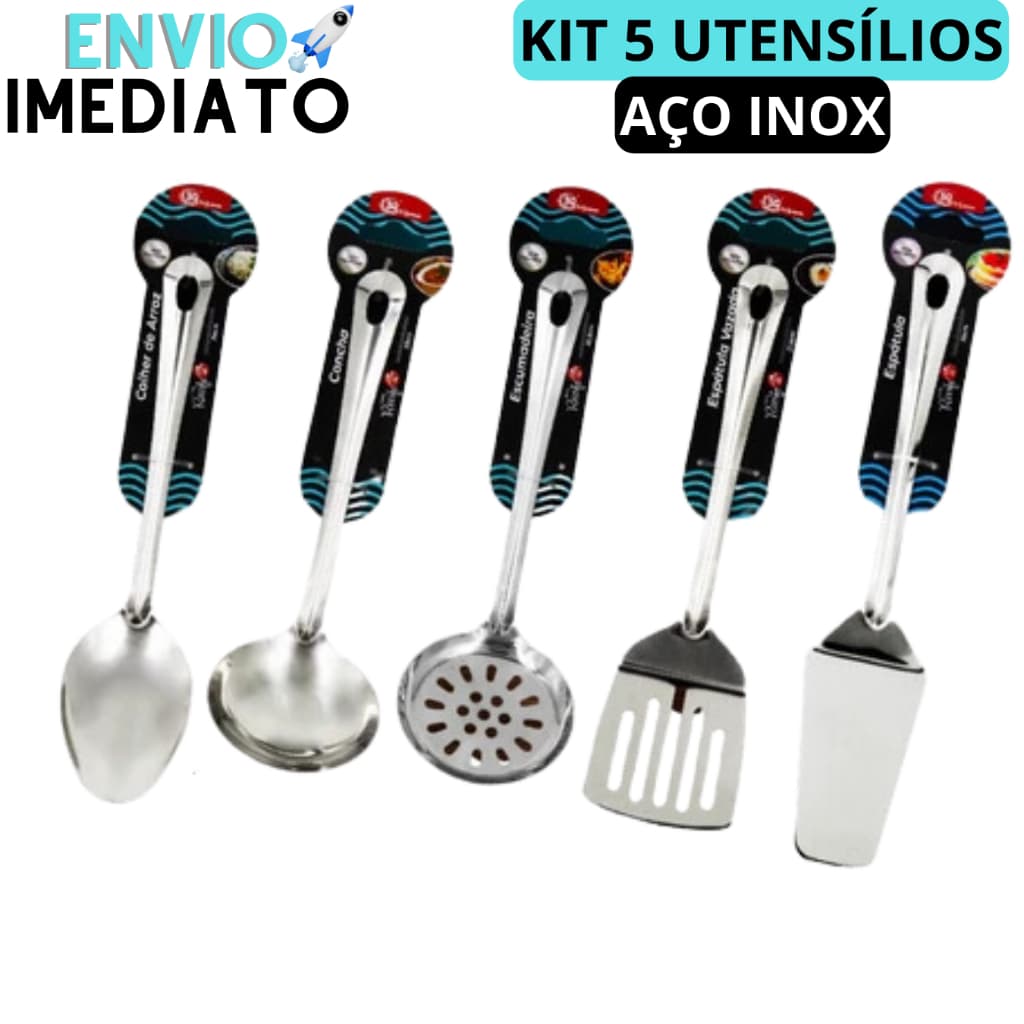 Kit 5 utensílios de cozinha inox colher servir concha feijão escumadeira espátula bolo
