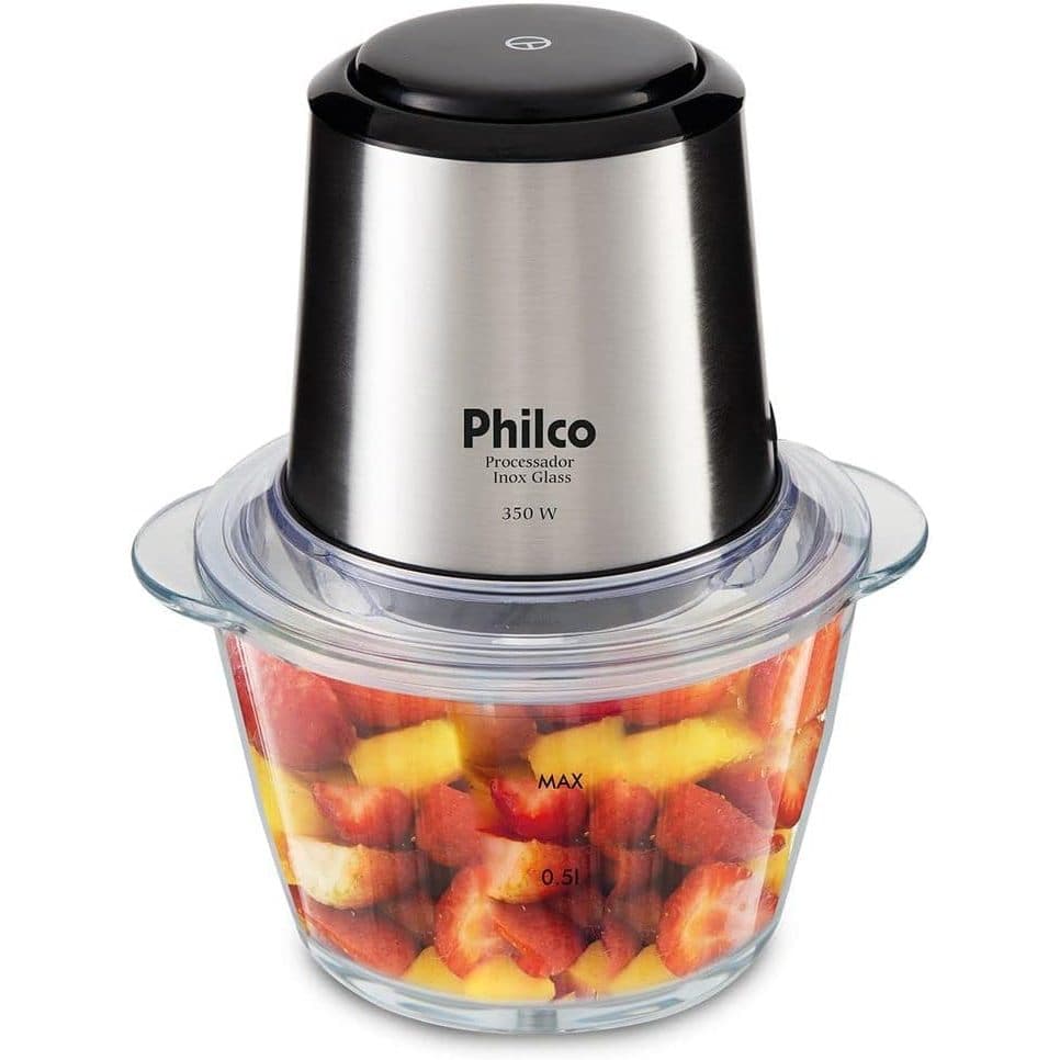 Mini Processador Philco Inox Vidro 1.2L 350W 127V / 220V com frutas cortadas