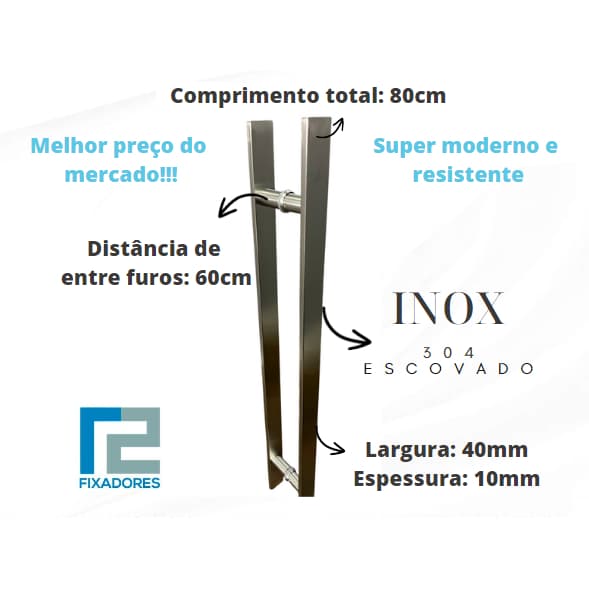Puxador de porta em aço inoxidável escovado, 80 cm, largura 40 mm, espessura 10 mm, distância entre furos 60 cm