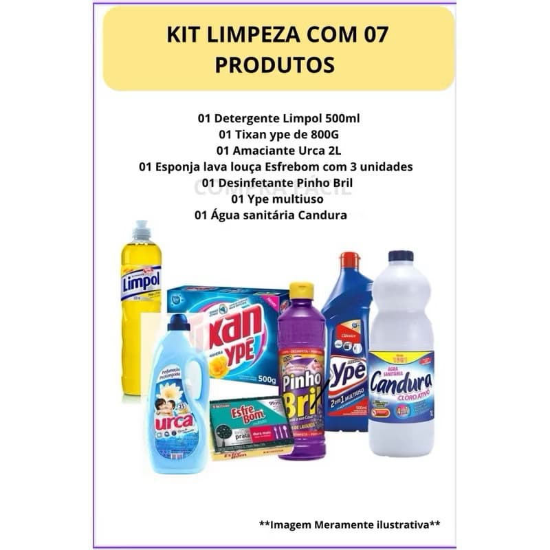 Kit limpeza 7 produtos Limpol Tixan Ype Urca Esfrebom Pinho Bril Candura