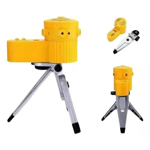 Nível laser amarela com duas linhas cruzadas e um ponto, montado em tripé de metal, contra fundo branco.