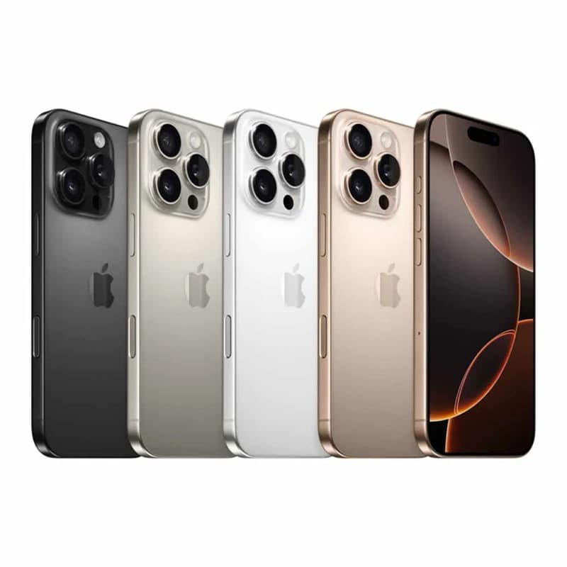 iPhone 16 Pro Max em várias cores com câmera tripla e logotipo da Apple