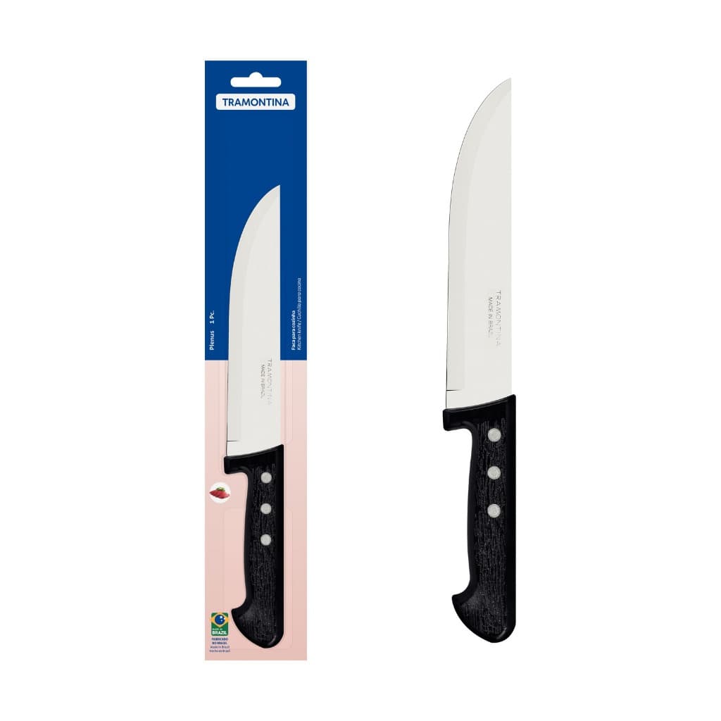 Faca de cozinha chef Tramontina com lâmina em aço inoxidável e cabo preto, embalada em fundo branco
