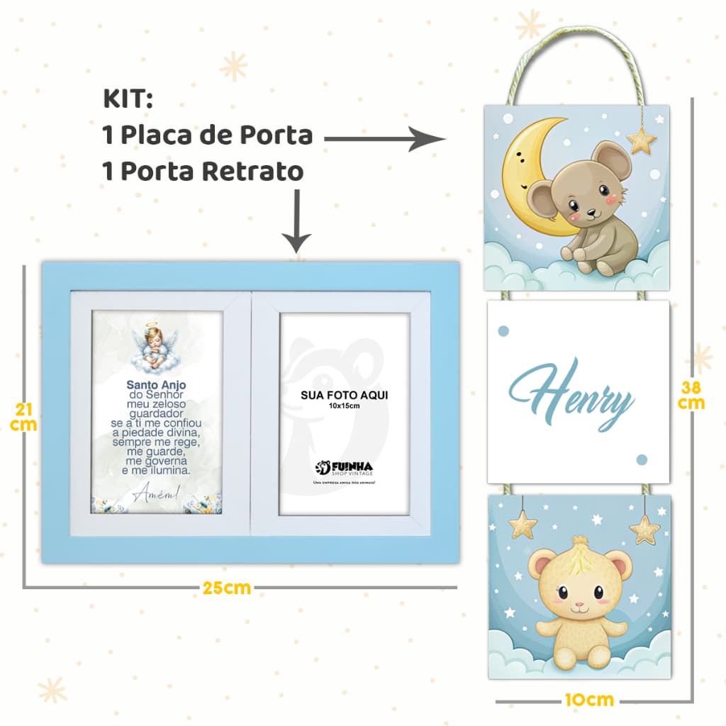 Kit infantil com placa de porta maternidade e porta retrato com oração do Santo Anjo do Senhor, azul e branco