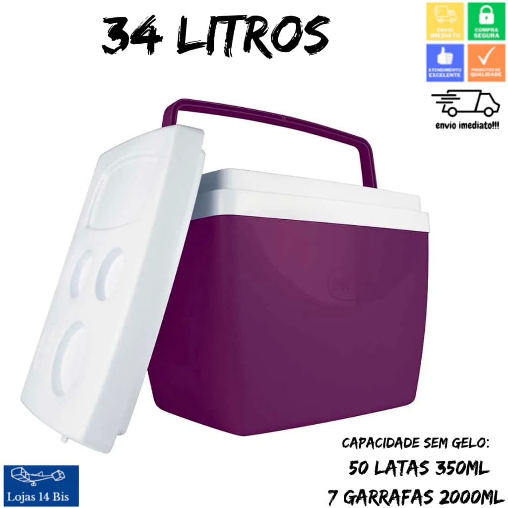 Caixa Térmica Cooler 34 Litros Mor Para 50 Latinhas ou 7 Garrafas Pet 2L Roxo Açaí
