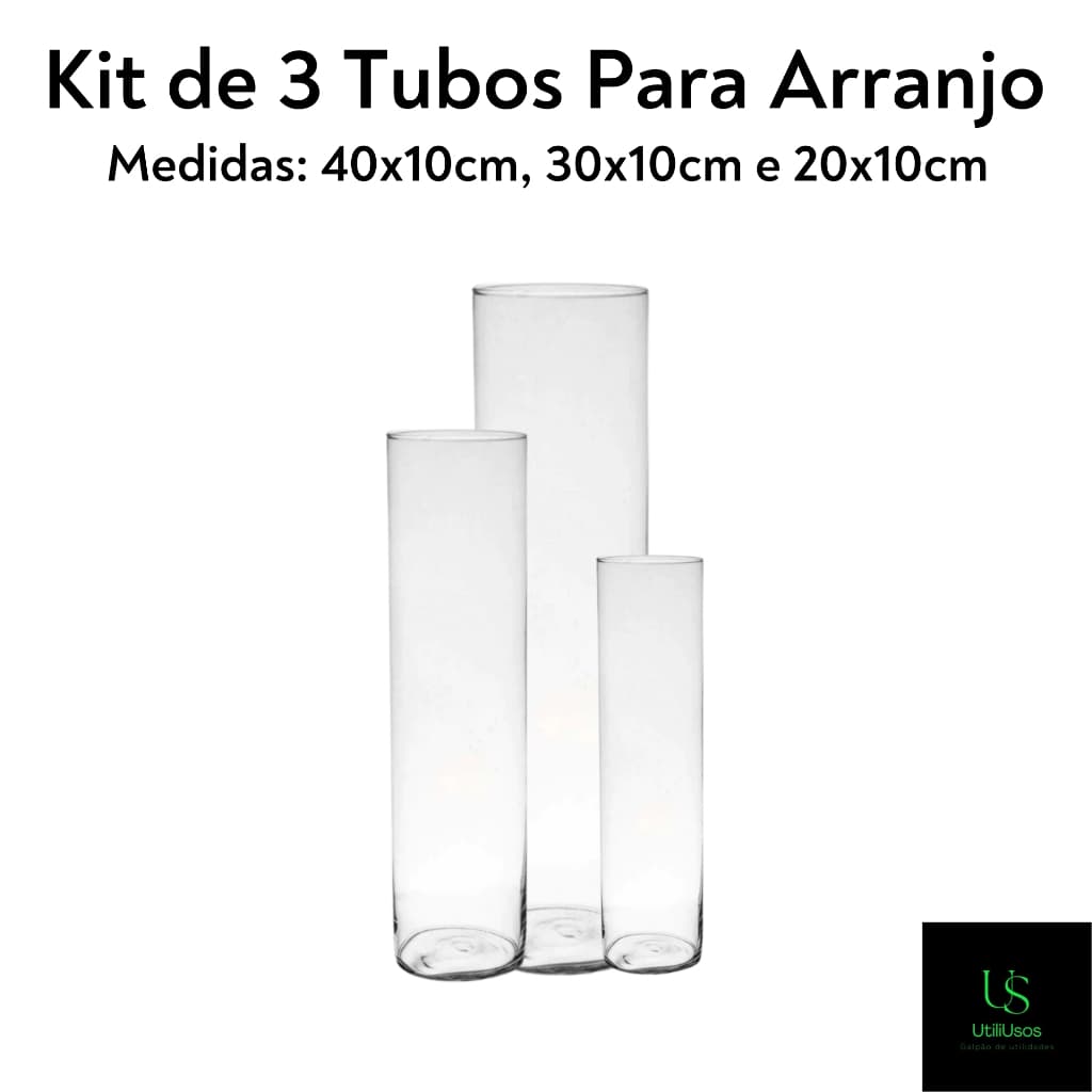 Kit de 3 vasos cilíndricos transparentes para arranjo - 40x10cm, 30x10cm, 20x10cm