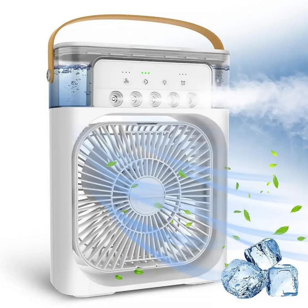 Refrigerador de ar portátil branco com ventilador e umidificador, com reservatório de água transparente e LED USB.