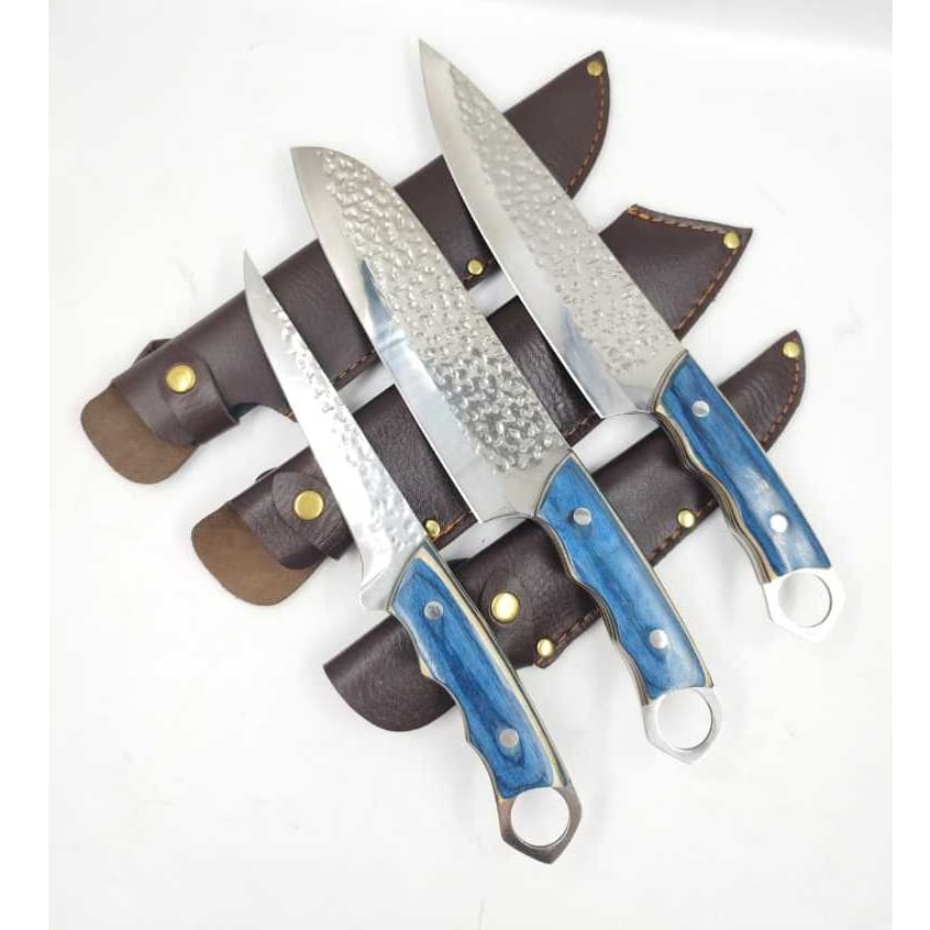 Faca de cozinha ondulada martelada em aço Damasco Con Bainha Couro