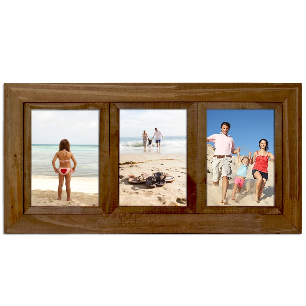 Painel de fotos triplo vintage com moldura natural e fotos de praia